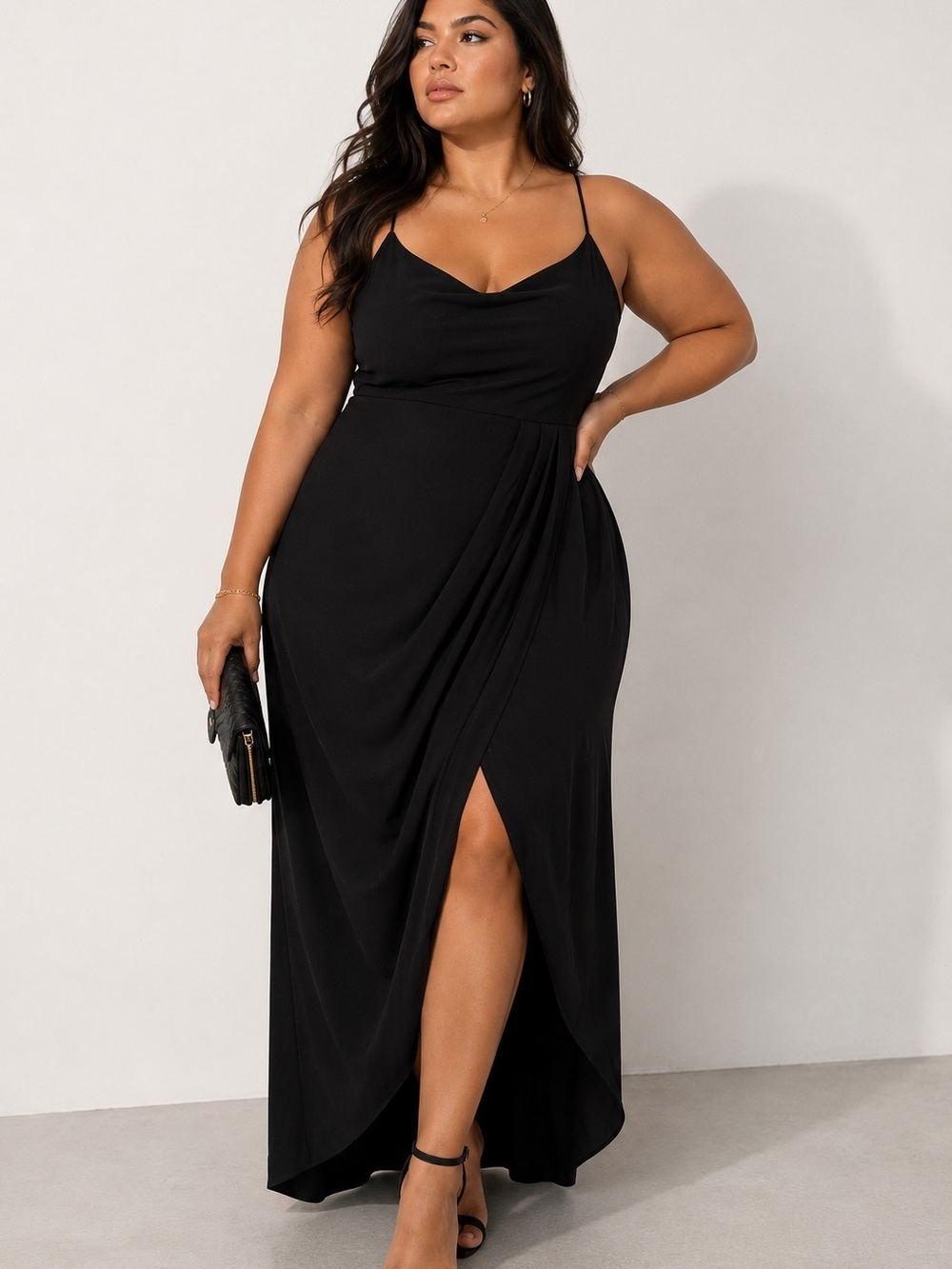 Lulu's Black Draped Maxi Dress with Thigh Slit